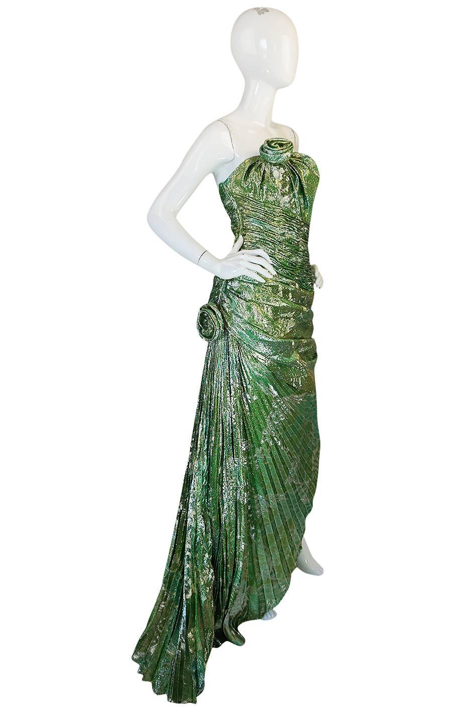 Incredible 1980s Green & Gold Silk Metallic Ungaro Dress In Excellent Condition In Rockwood, ON