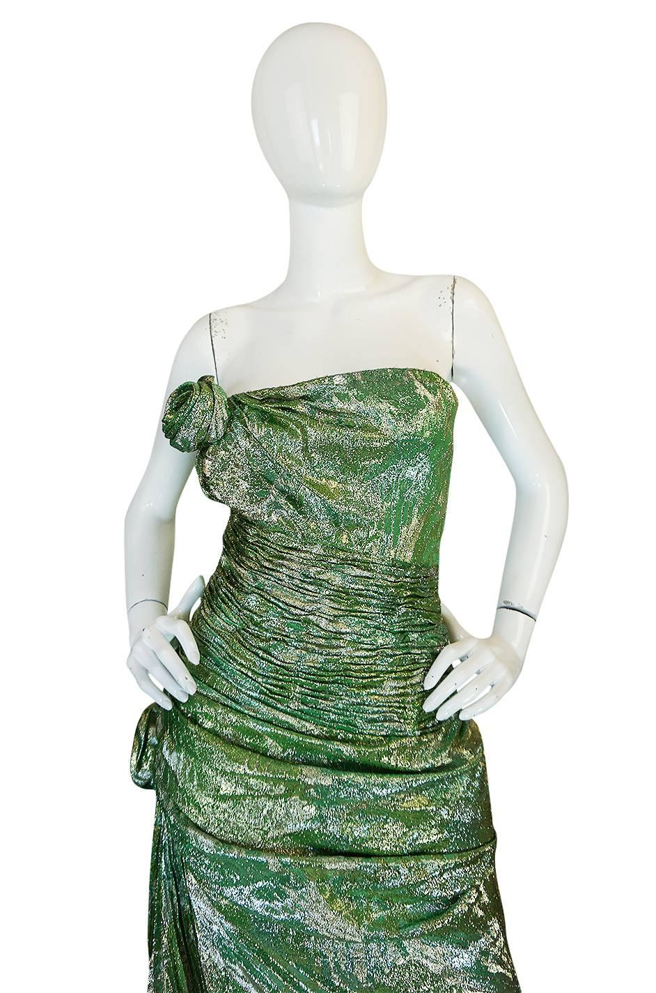 Incredible 1980s Green & Gold Silk Metallic Ungaro Dress 1