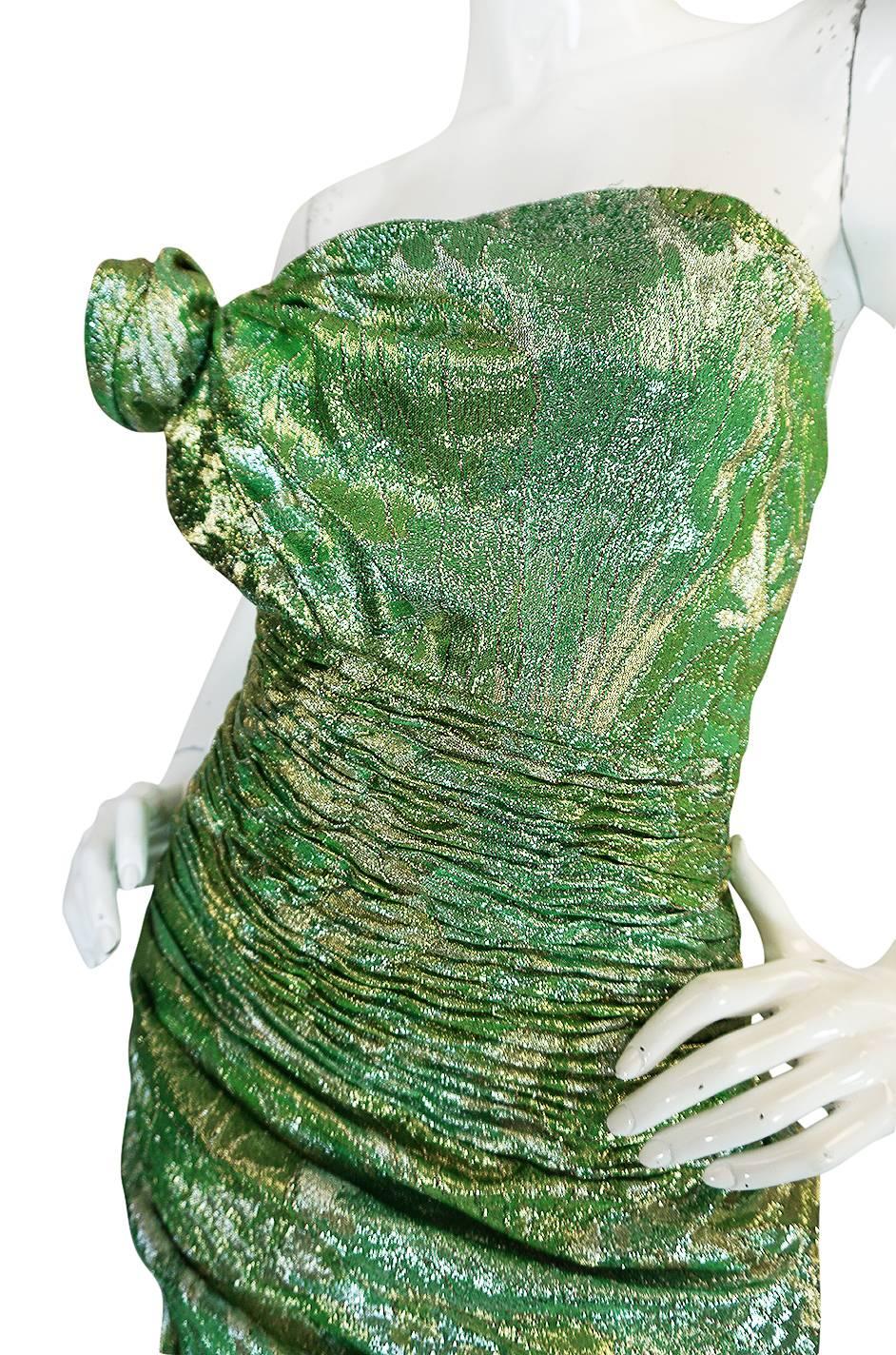Incredible 1980s Green & Gold Silk Metallic Ungaro Dress 3