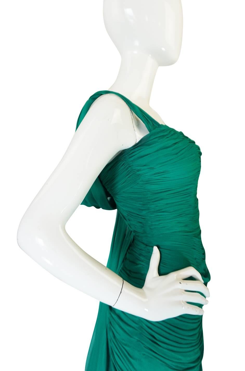 Rare c1958 Jean Desses Green Silk Elaborate Pleat Dress In Excellent Condition In Rockwood, ON