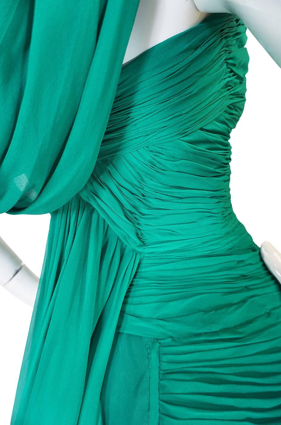 Rare c1958 Jean Desses Green Silk Elaborate Pleat Dress 4
