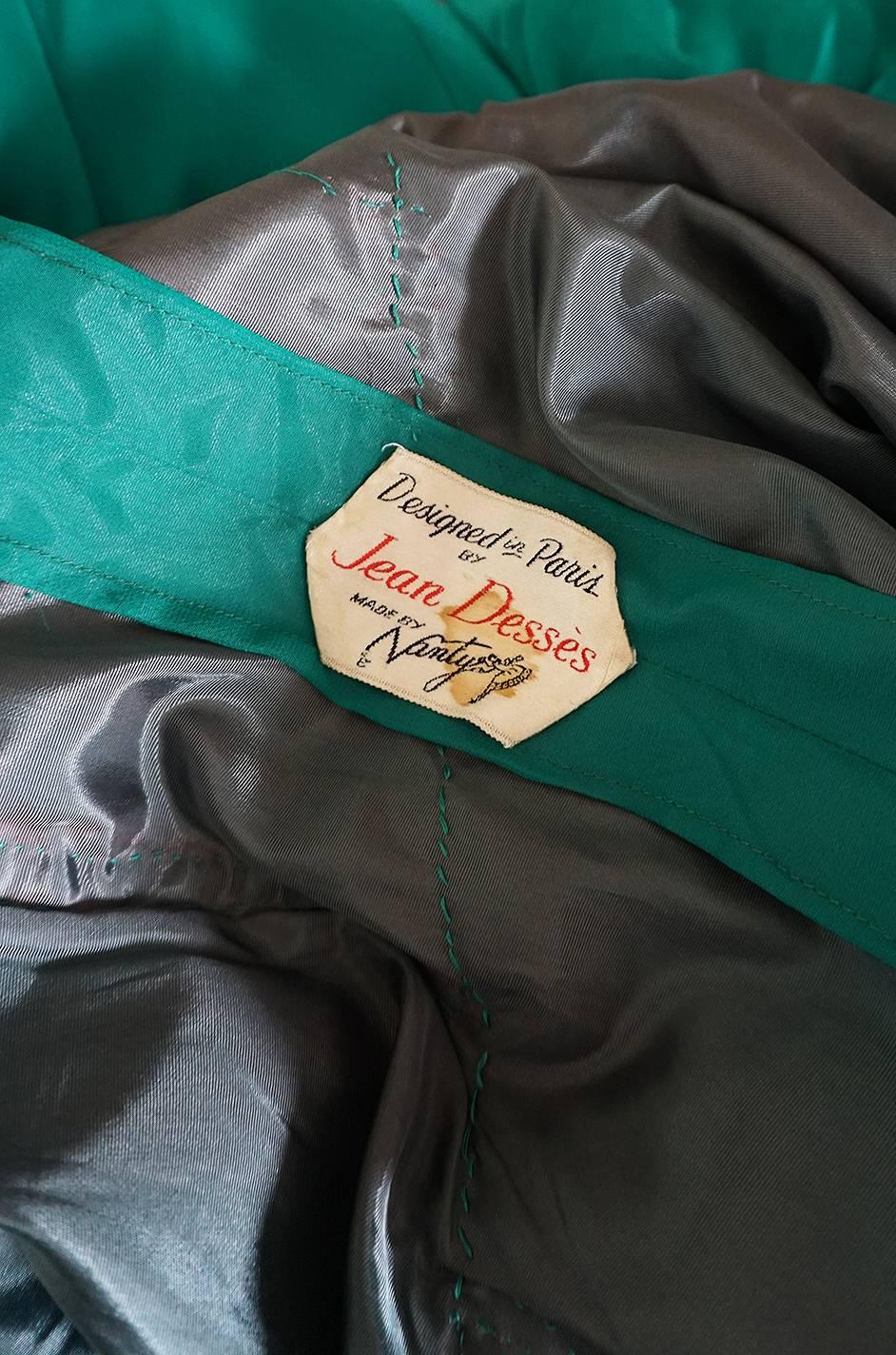 Rare c1958 Jean Desses Green Silk Elaborate Pleat Dress 6