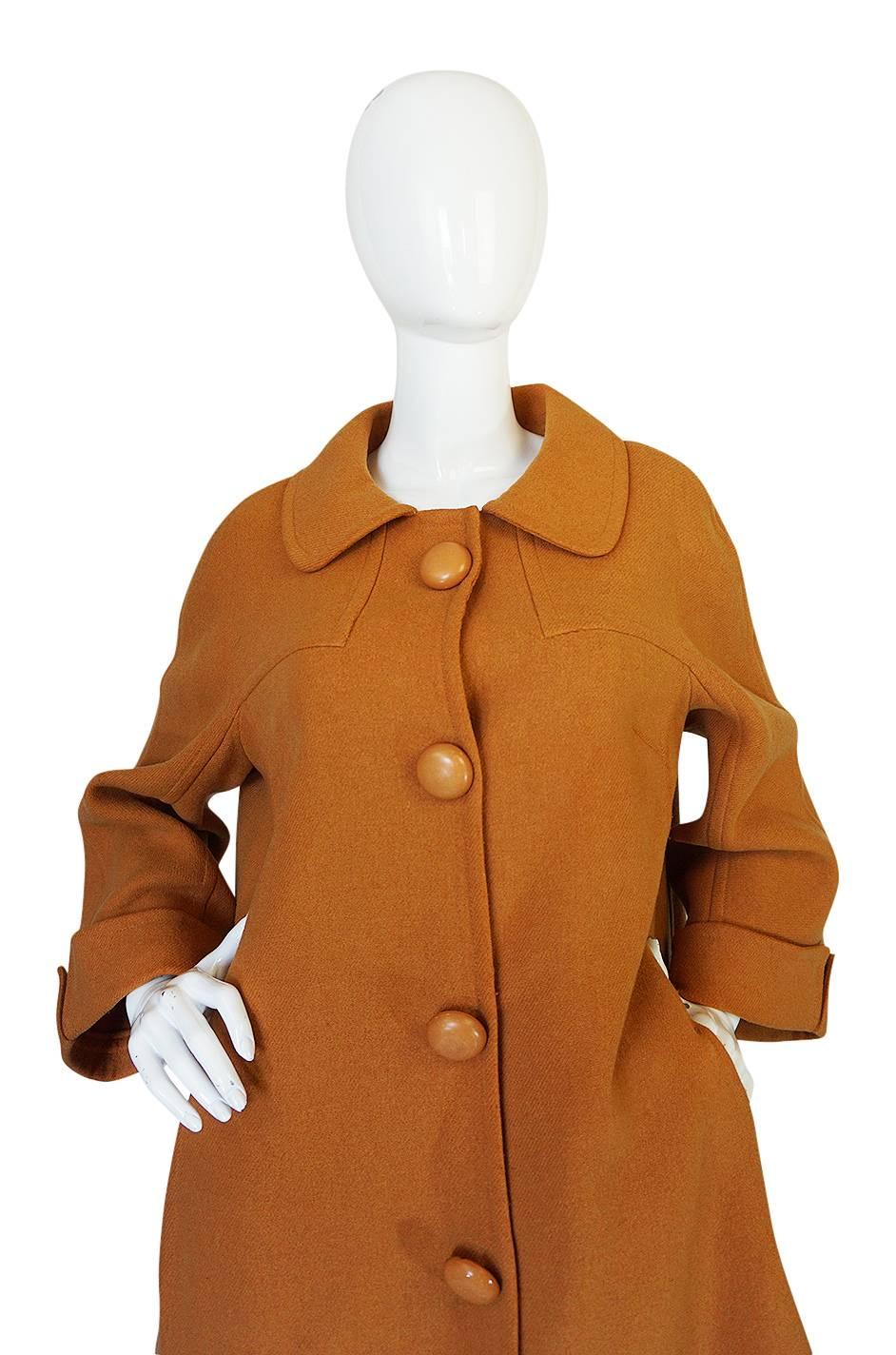 1950s Pierre Balmain Goldenrod Wool Swing Coat In Excellent Condition In Rockwood, ON