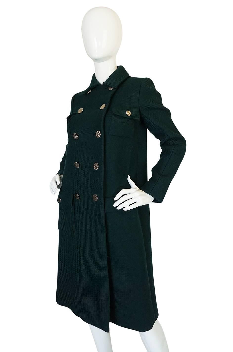 Women's 1960s Norell Green Wool With Silver Buttons Military Coat