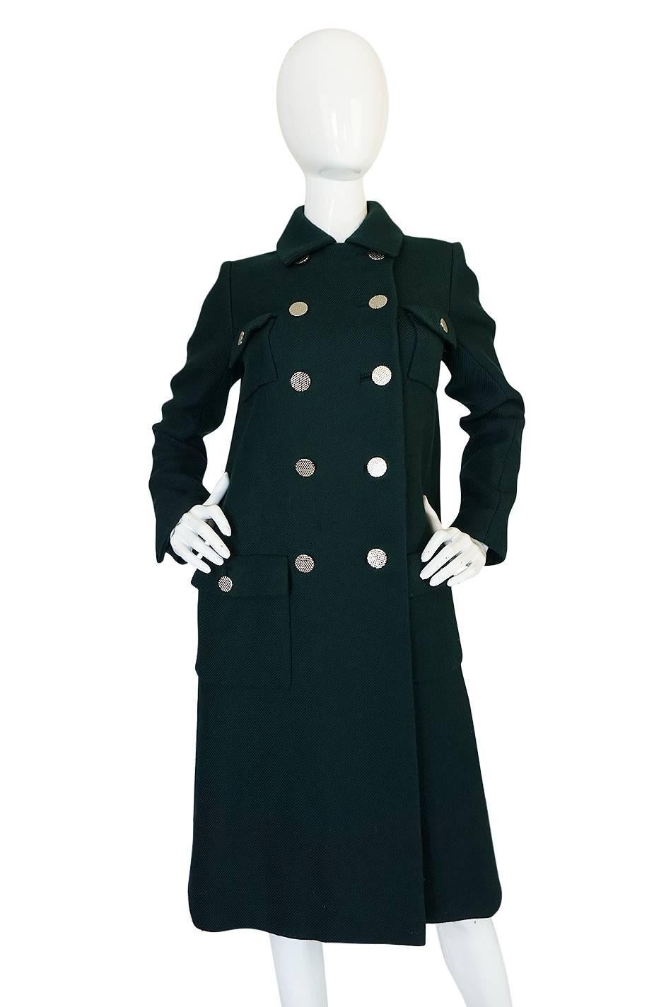 1960s Norell Green Wool With Silver Buttons Military Coat In Excellent Condition In Rockwood, ON
