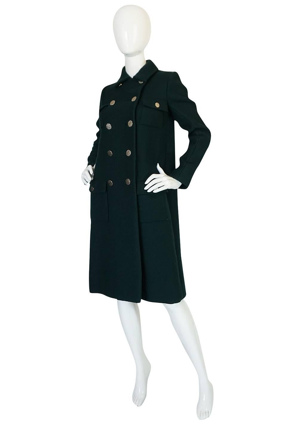 Black 1960s Norell Green Wool With Silver Buttons Military Coat