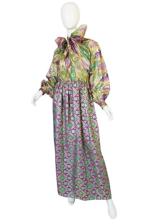 Bowed c1969 Oscar de la Renta Metallic Silk Hostess Dress at 1stDibs
