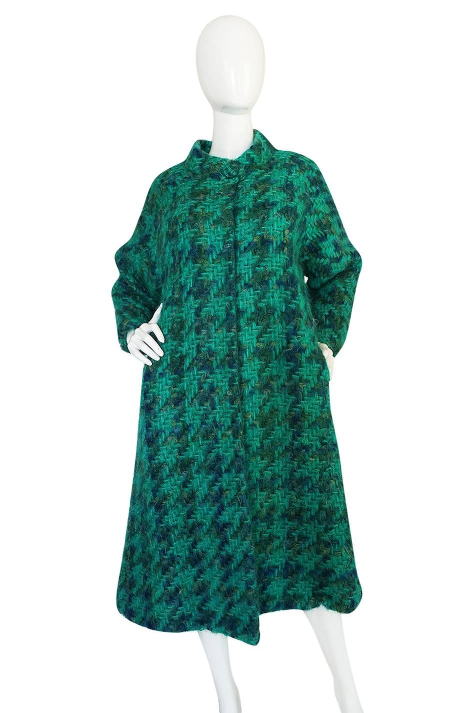 Women's Fabulous 1960s Sybil Connolly Green Mohair Swing Coat