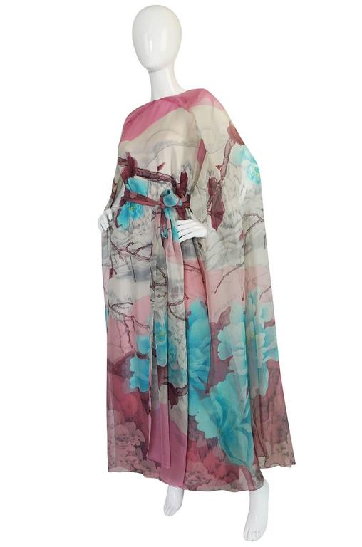 Incredible 1970s Hanae Mori Finest Possible Blue Silk Caftan Dress w Pink Floral Print main image 1