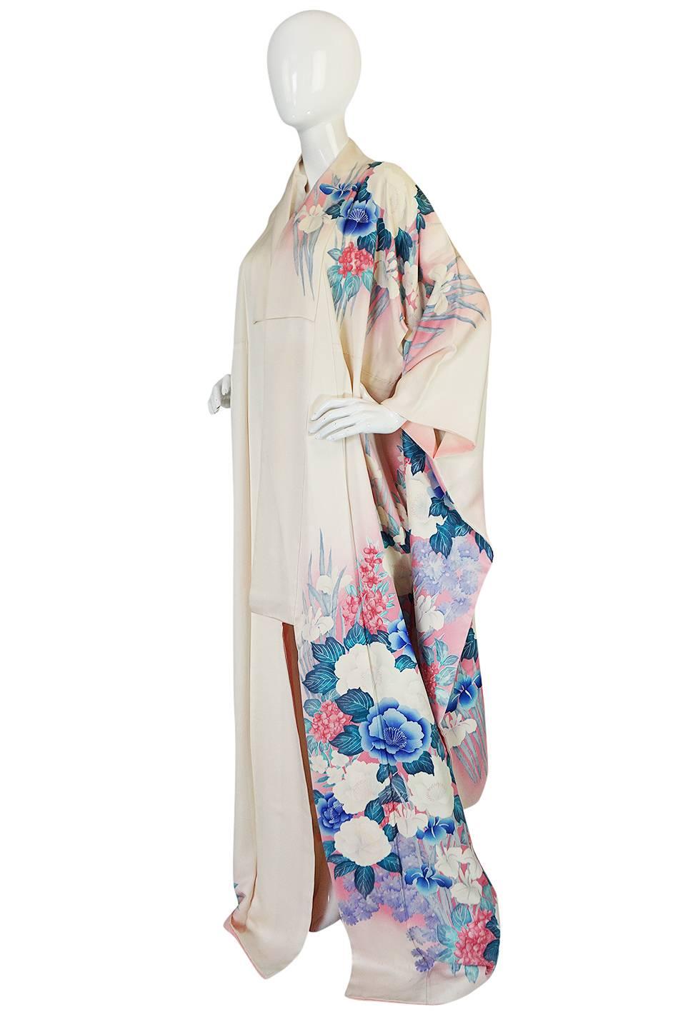 Gray 1940s Floral Pastel Hand Painted Pink & Blue Silk Kimono