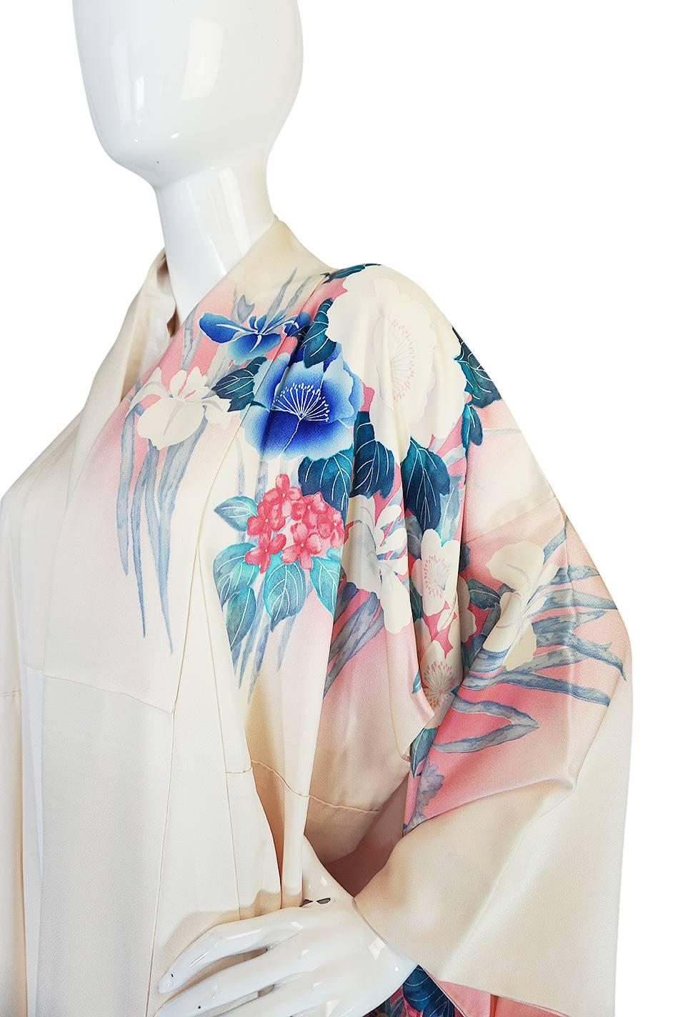 1940s Floral Pastel Hand Painted Pink & Blue Silk Kimono 2