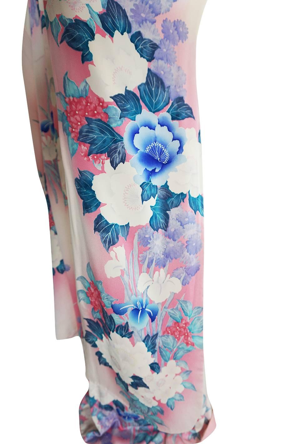 1940s Floral Pastel Hand Painted Pink & Blue Silk Kimono 1