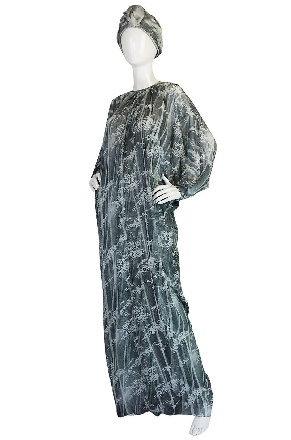 Gray 1970s Grey Print Chiffon Yuki Caftan Jersey Dress & Turban