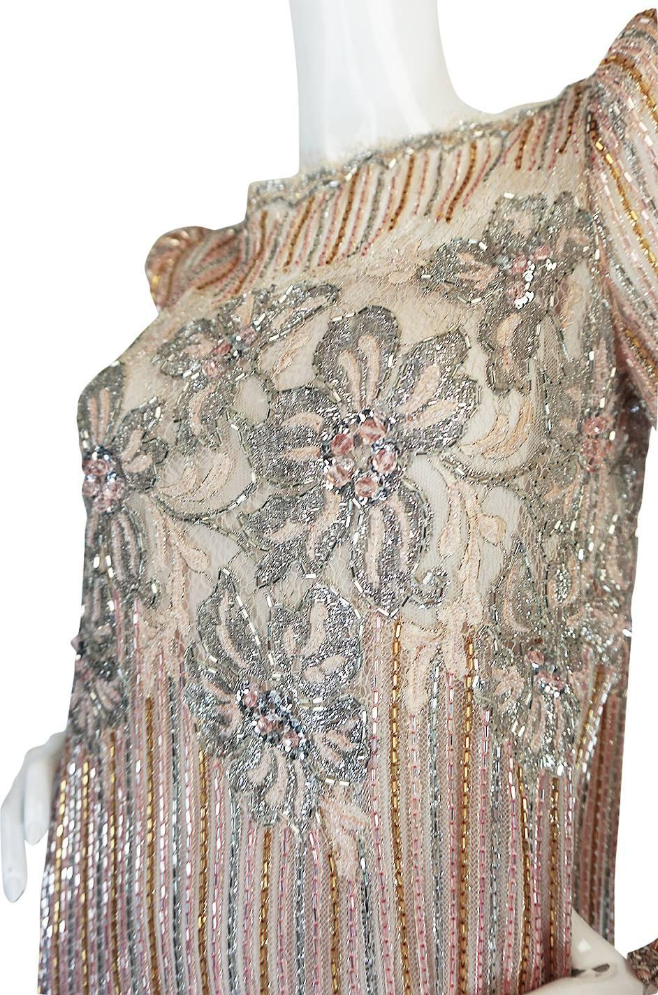 Brown 1980s Fernando Pena Gold & Pink Bead Sequin & Net Dress