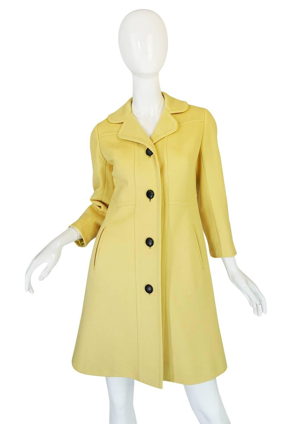 Women's Chic 1970s Pierre Cardin RTW Sleek Little Yellow Coat