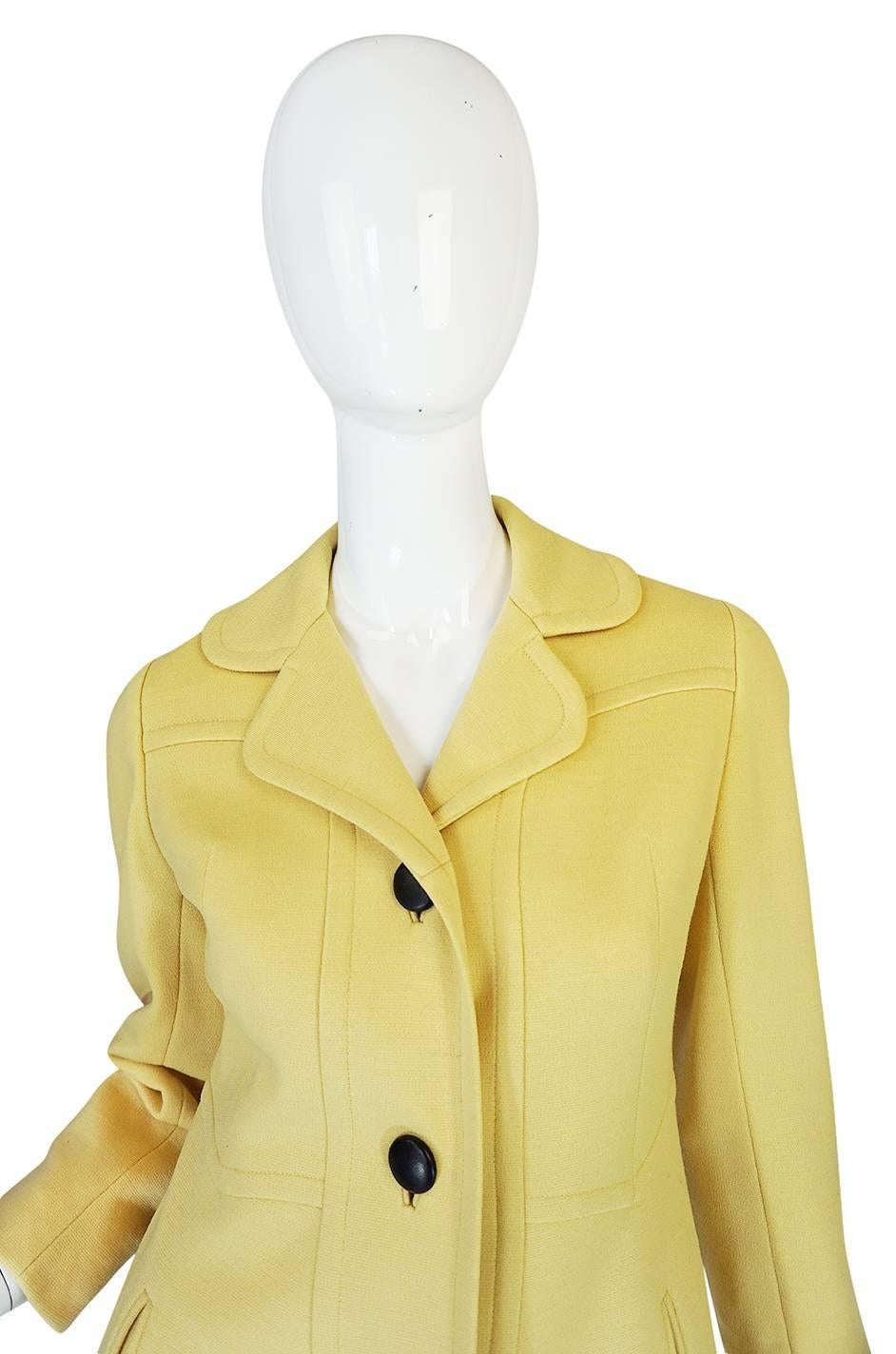 Chic 1970s Pierre Cardin RTW Sleek Little Yellow Coat 1