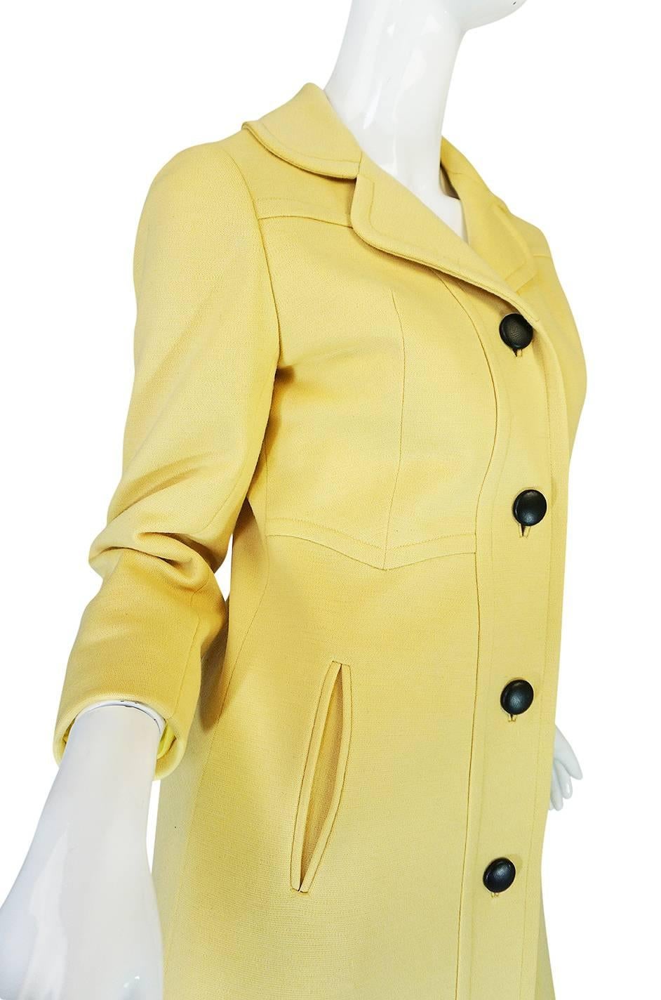 Chic 1970s Pierre Cardin RTW Sleek Little Yellow Coat 2