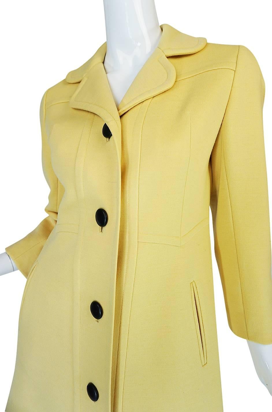 Chic 1970s Pierre Cardin RTW Sleek Little Yellow Coat 3