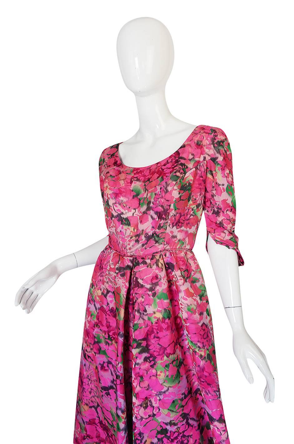 Early 1960s Jean Louis Beautiful Pink Floral Silk Midi Dress 1