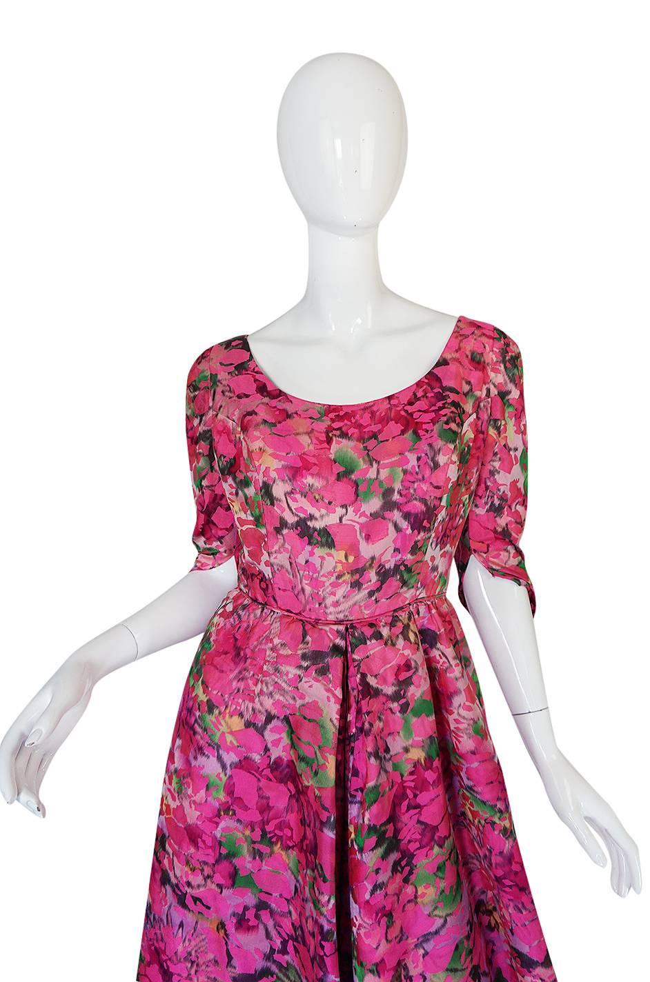 Women's Early 1960s Jean Louis Beautiful Pink Floral Silk Midi Dress
