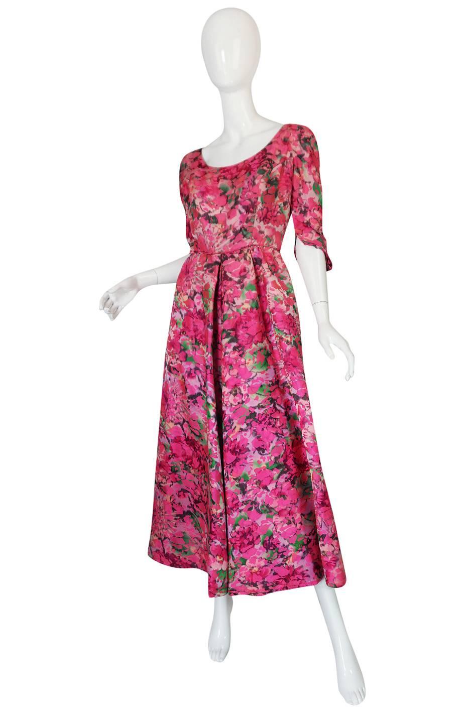 Early 1960s Jean Louis Beautiful Pink Floral Silk Midi Dress In Excellent Condition In Rockwood, ON