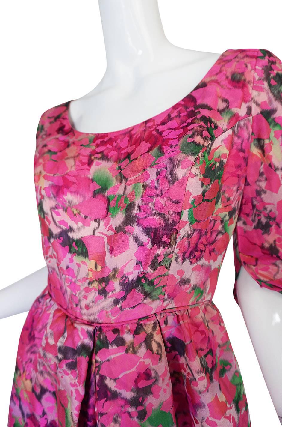 Early 1960s Jean Louis Beautiful Pink Floral Silk Midi Dress 3