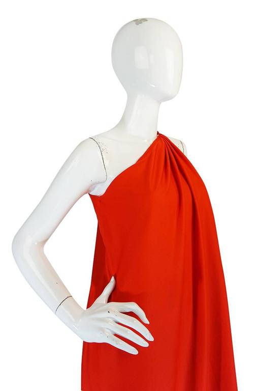 1970s One Shoulder Red Jersey Halston Dress