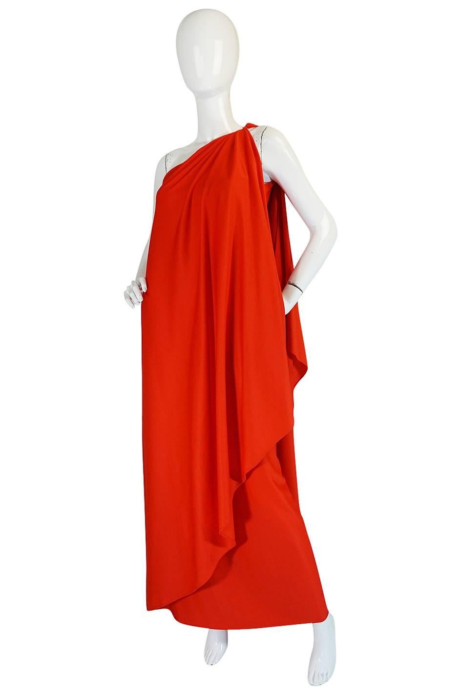 1978 Red Halston One Shoulder Jersey Dress As Seen on Kate Moss In Excellent Condition In Rockwood, ON