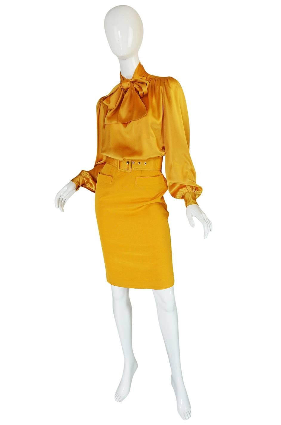 1970s Yves Saint Laurent Silk Skirt & Top Set in Yellow In Excellent Condition In Rockwood, ON