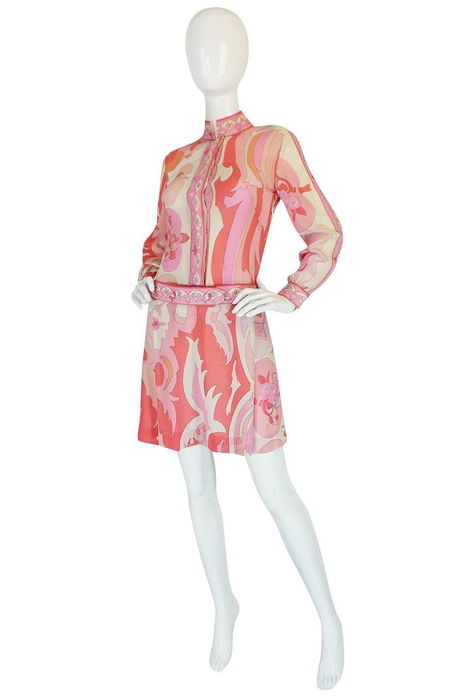 1960s Emilio Pucci Pink Silk Chiffon Print Dress & Belt In Excellent Condition In Rockwood, ON