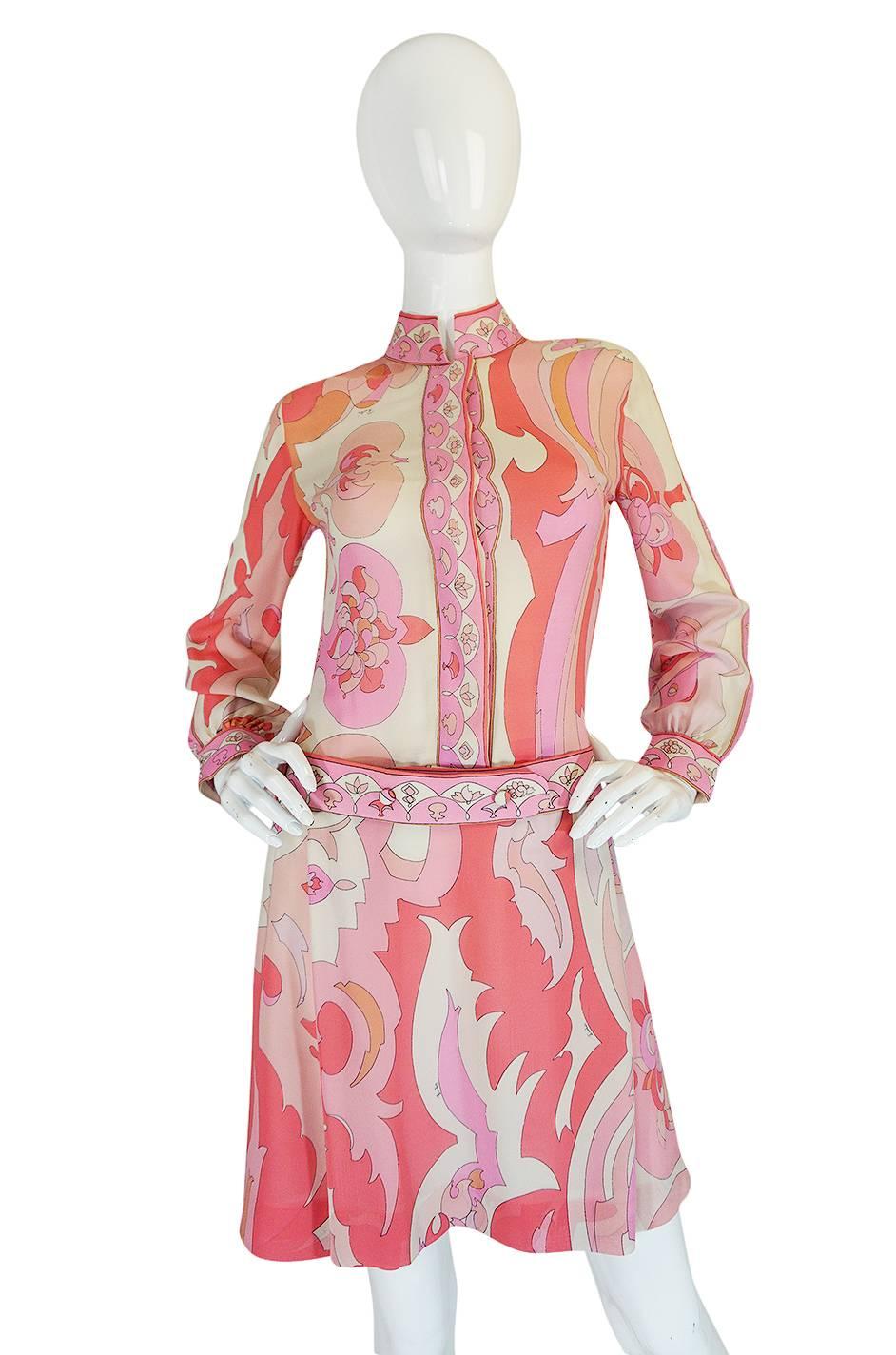 Women's 1960s Emilio Pucci Pink Silk Chiffon Print Dress & Belt