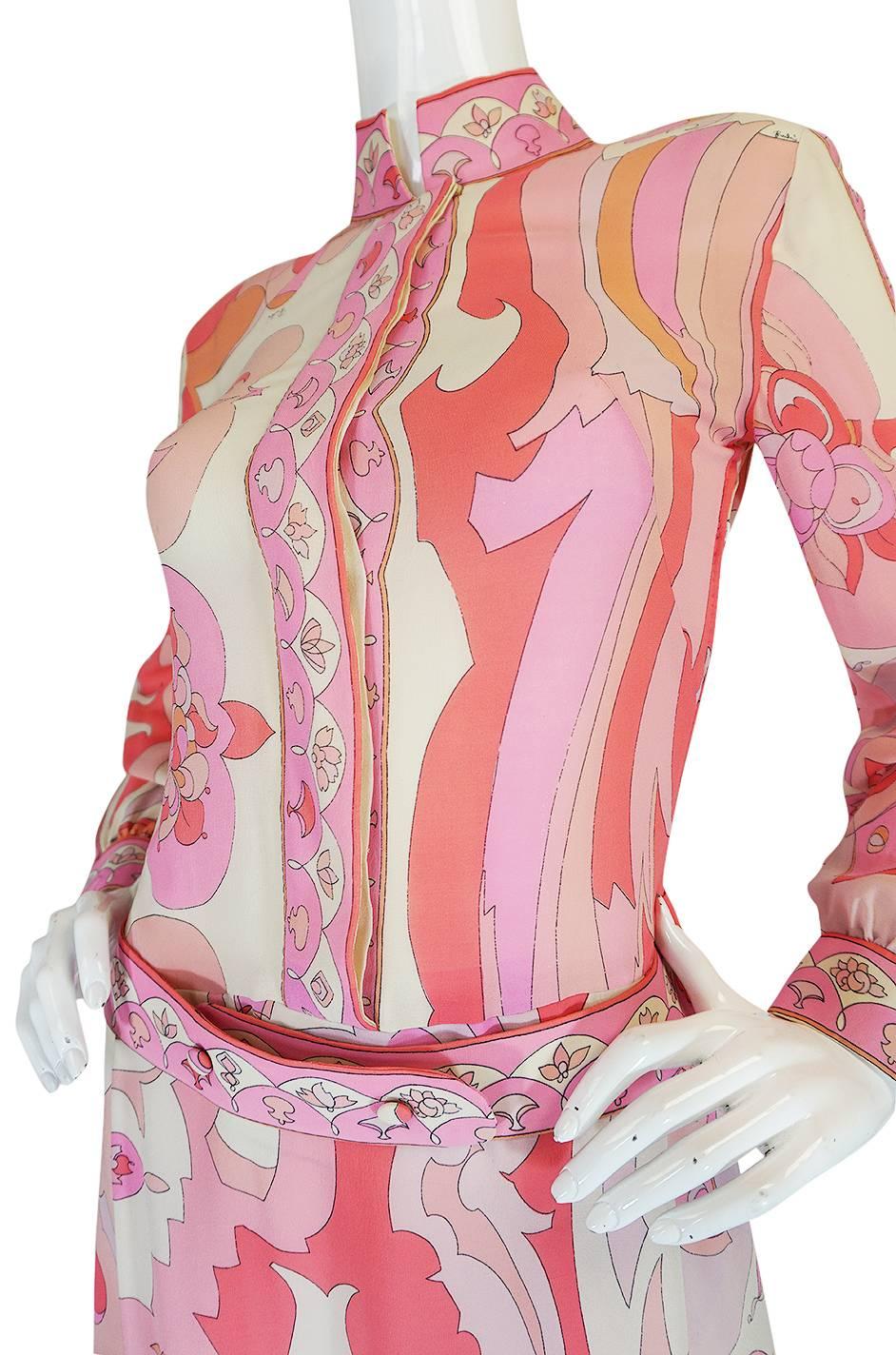 1960s Emilio Pucci Pink Silk Chiffon Print Dress & Belt 4
