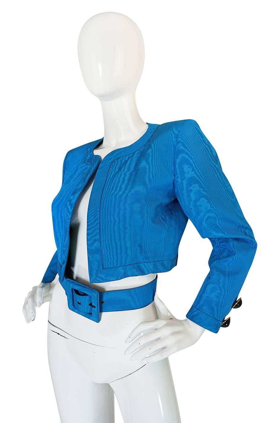 1980s Yves Saint Laurent Blue Moire Silk Jacket w Belt In Excellent Condition In Rockwood, ON