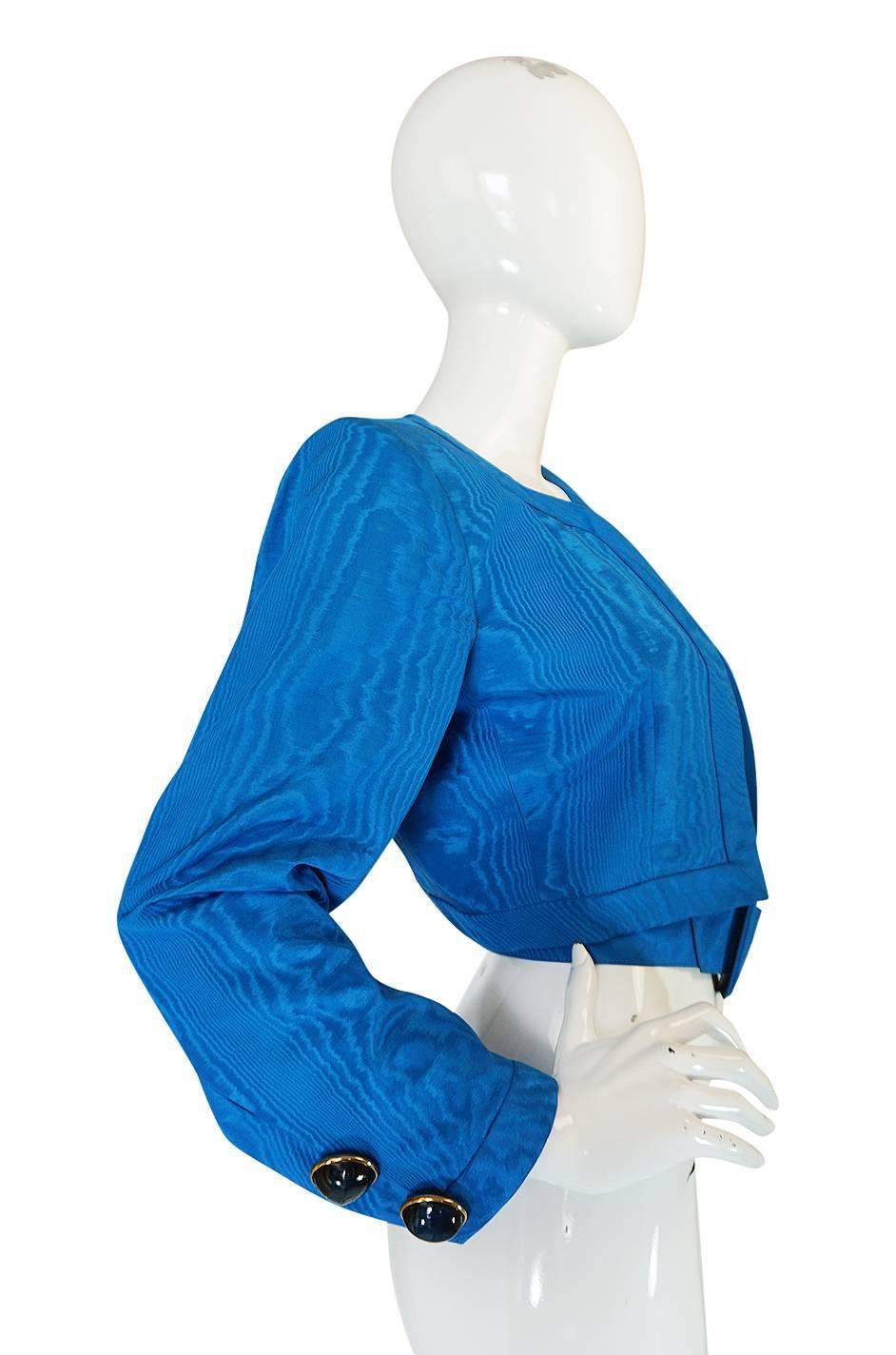 Women's 1980s Yves Saint Laurent Blue Moire Silk Jacket w Belt