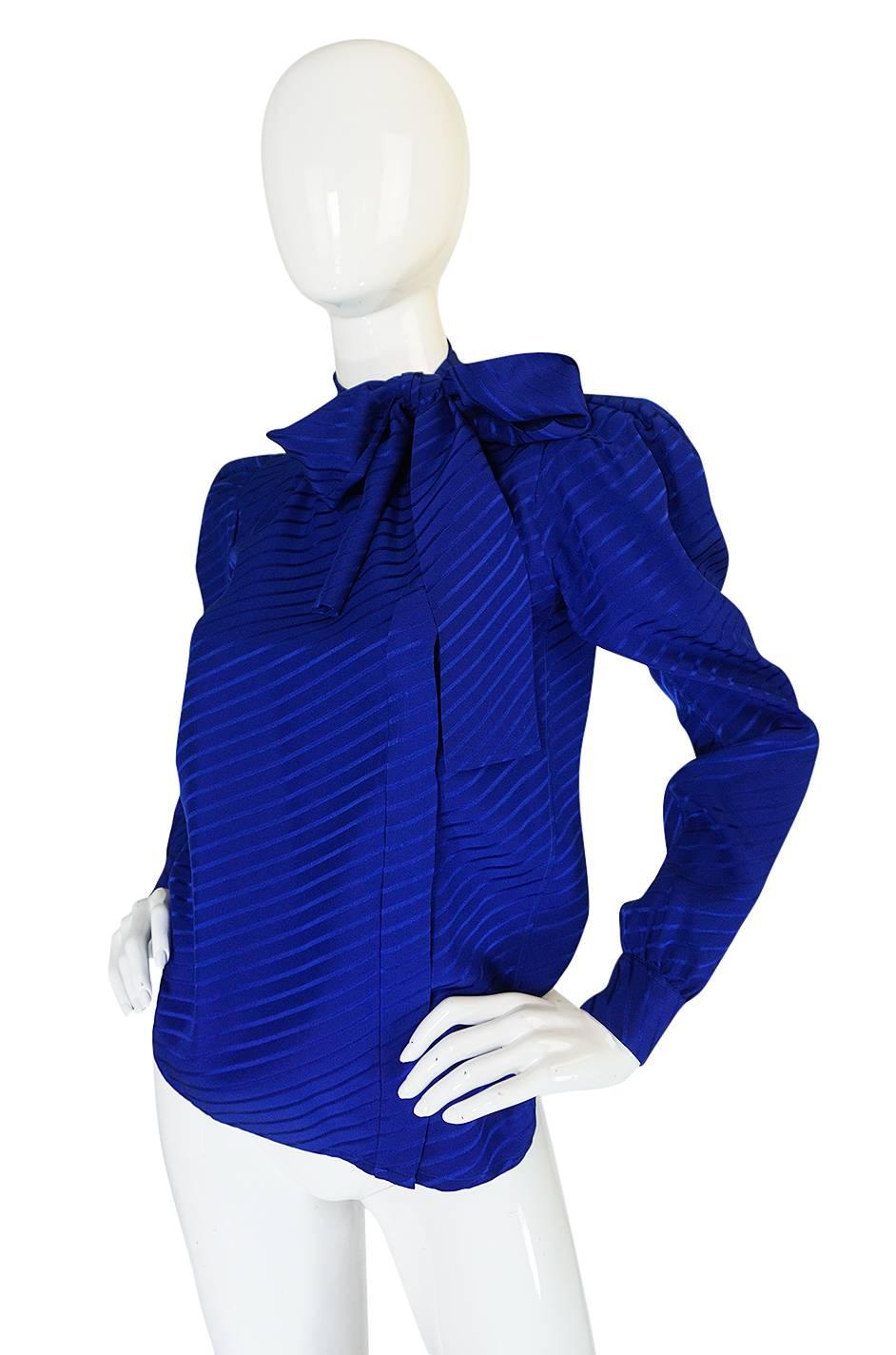 1970s Yves Saint Laurent Beautiful Blue Silk Tie Neck Top In Excellent Condition In Rockwood, ON