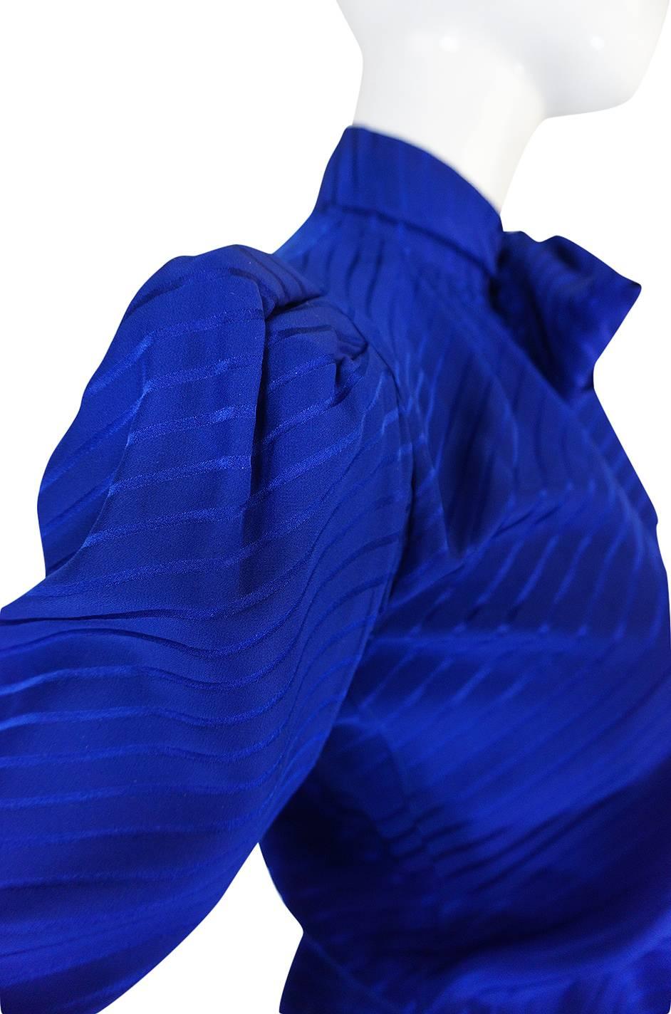 Women's 1970s Yves Saint Laurent Beautiful Blue Silk Tie Neck Top