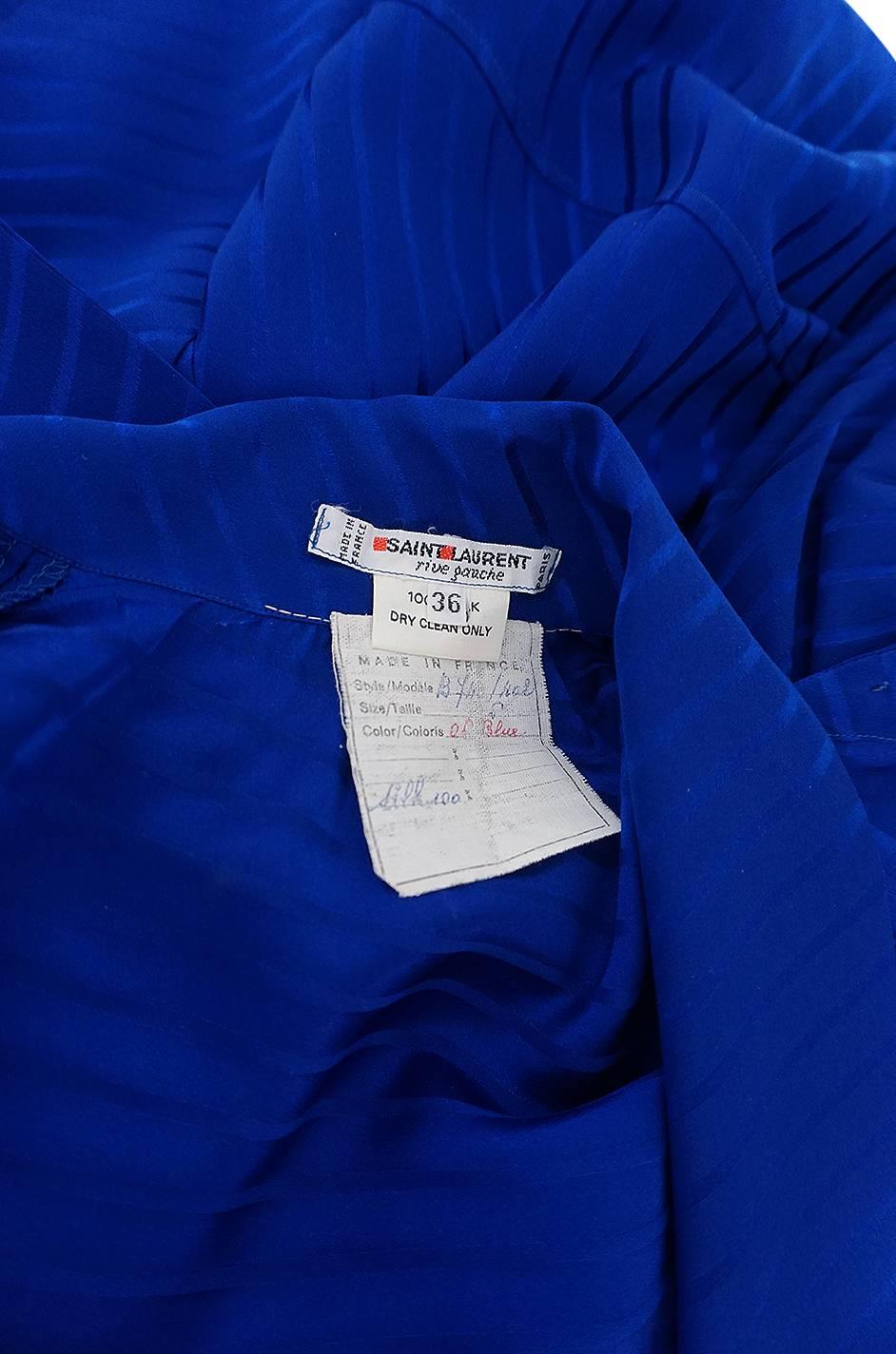 1970s Yves Saint Laurent Beautiful Blue Silk Tie Neck Top 3