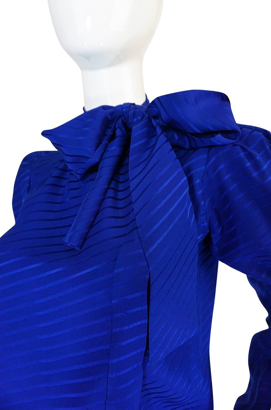 1970s Yves Saint Laurent Beautiful Blue Silk Tie Neck Top 2