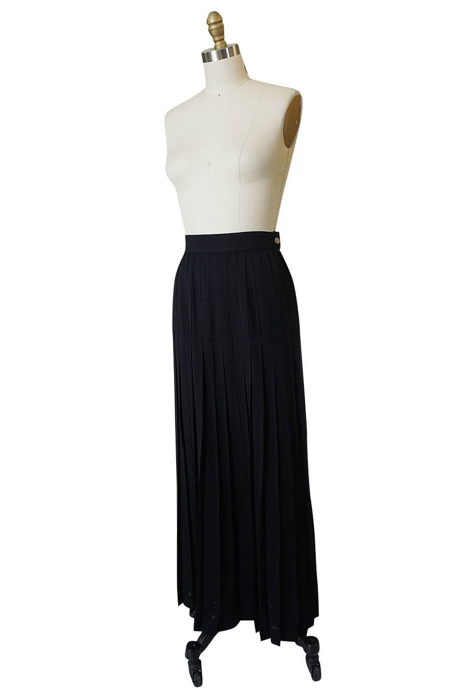 Black 1980s Chanel Silk Crepe Pleated Full Length Maxi Skirt