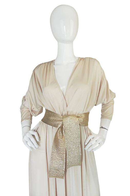 Documented 1980 Bill Tice Plunging Front Ivory Jersey & Gold Belt Dress main image 0
