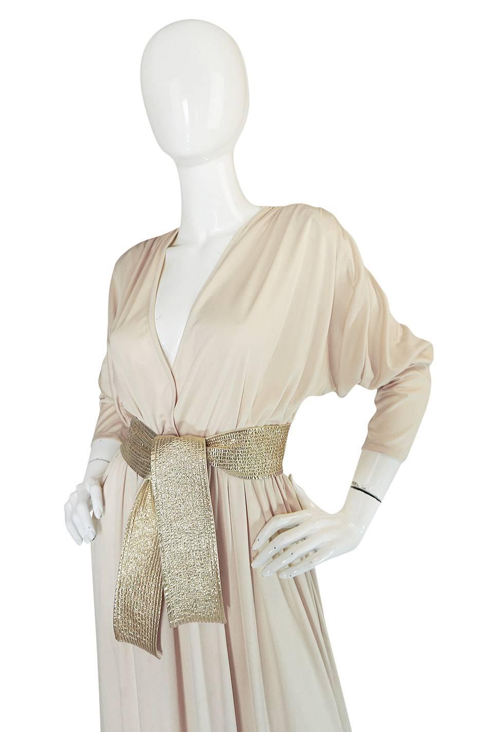 Women's 1970s Bill Tice Plunging Cream & Gold Jersey Dress