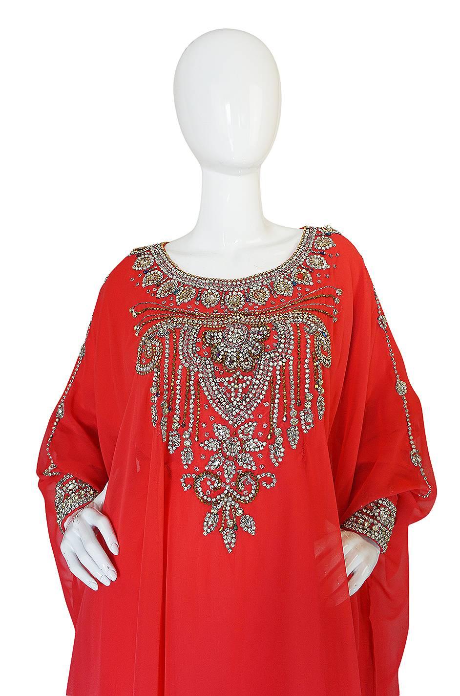 Women's 1960s Elaborate Crystal Covered Jewelled Red Caftan Dress