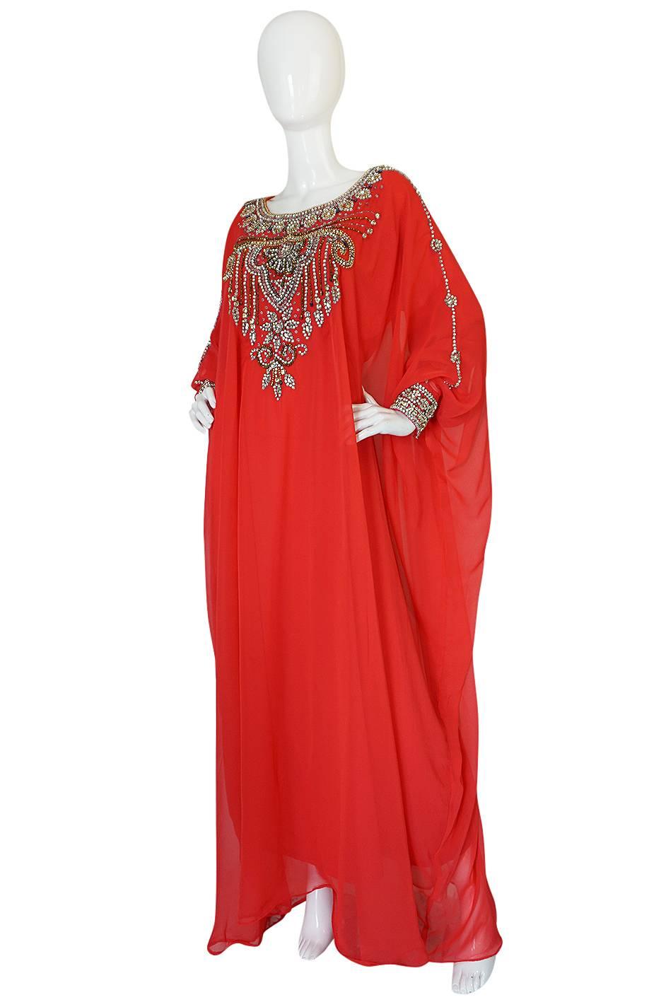 1960s Elaborate Crystal Covered Jewelled Red Caftan Dress In Excellent Condition In Rockwood, ON