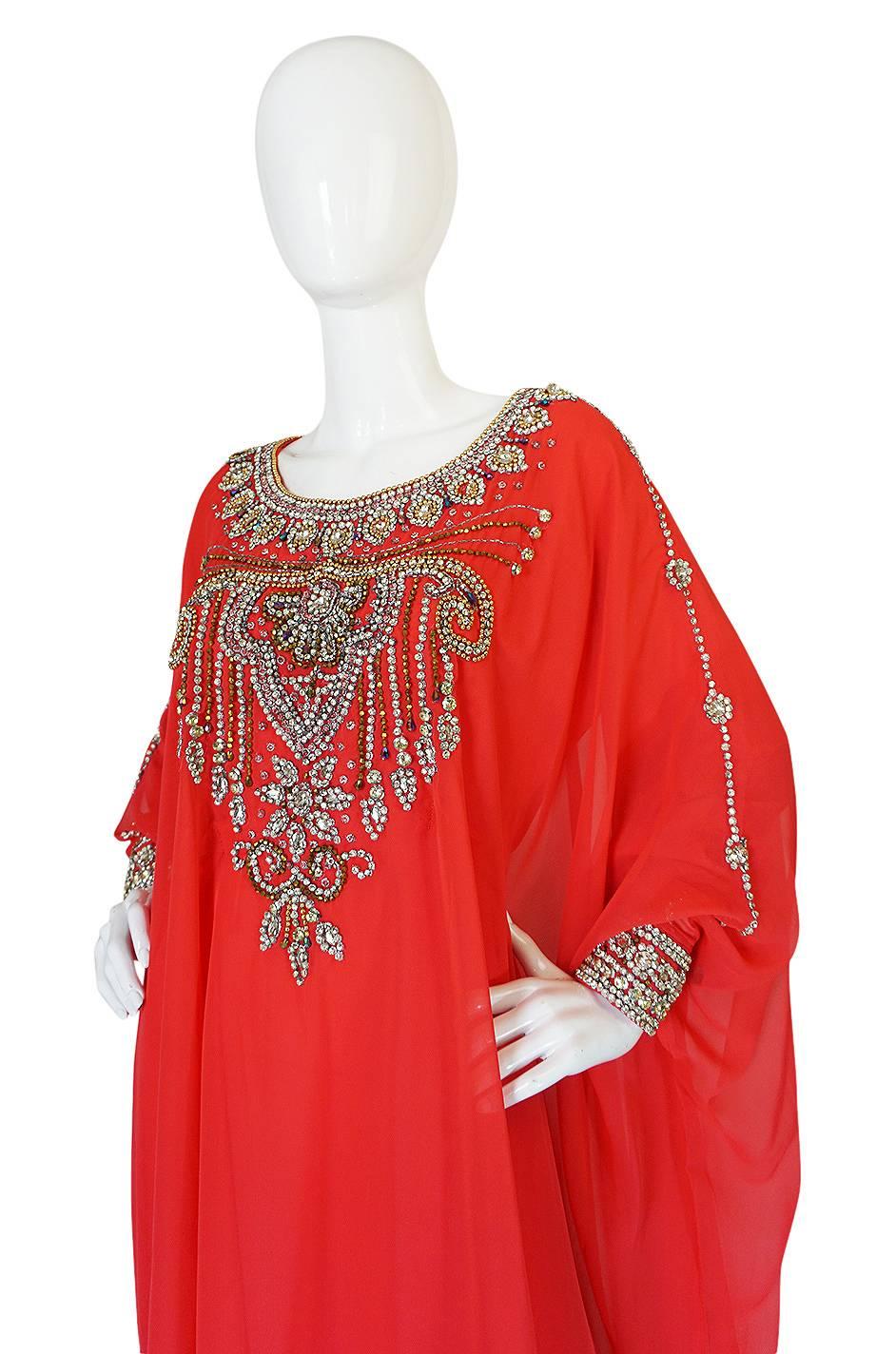 1960s Elaborate Crystal Covered Jewelled Red Caftan Dress 1