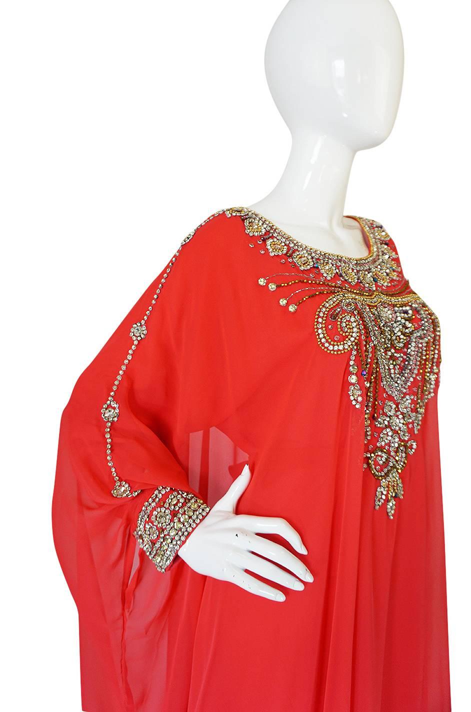 1960s Elaborate Crystal Covered Jewelled Red Caftan Dress 2