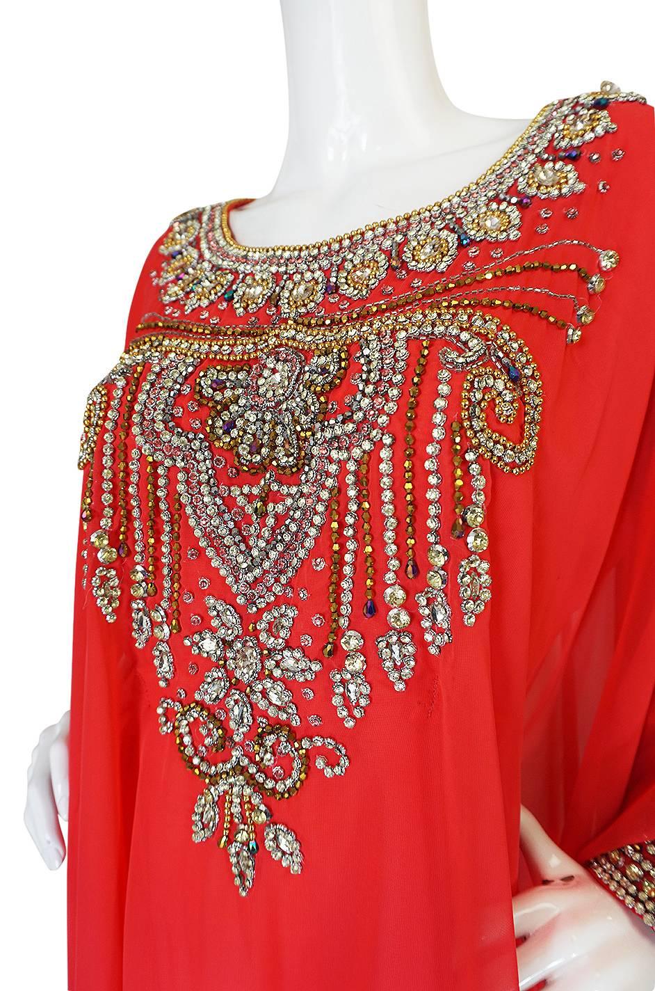 1960s Elaborate Crystal Covered Jewelled Red Caftan Dress 3