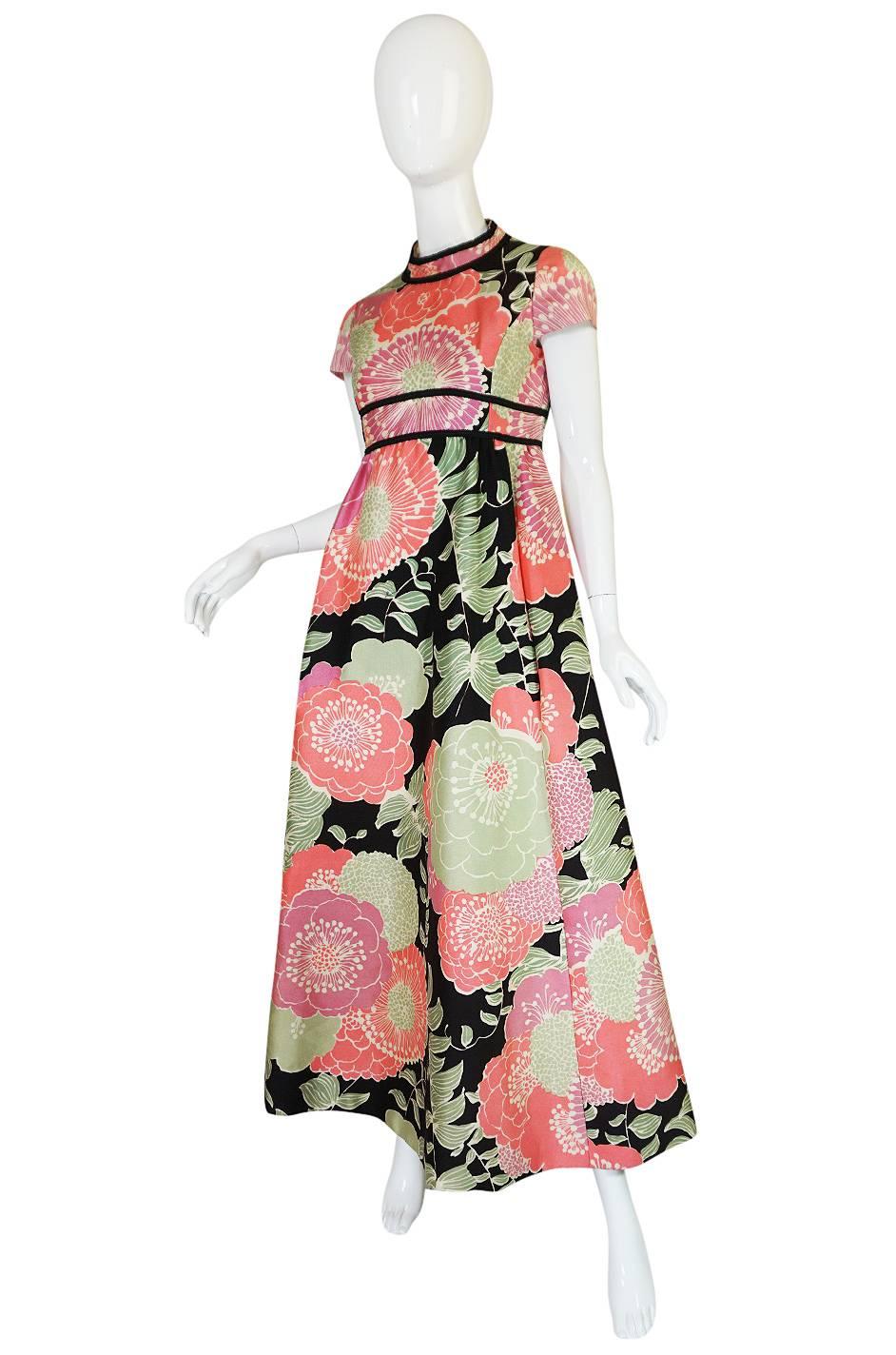 Brown 1970s Malcolm Starr Pastel Floral Covered Silk Hostess Dress
