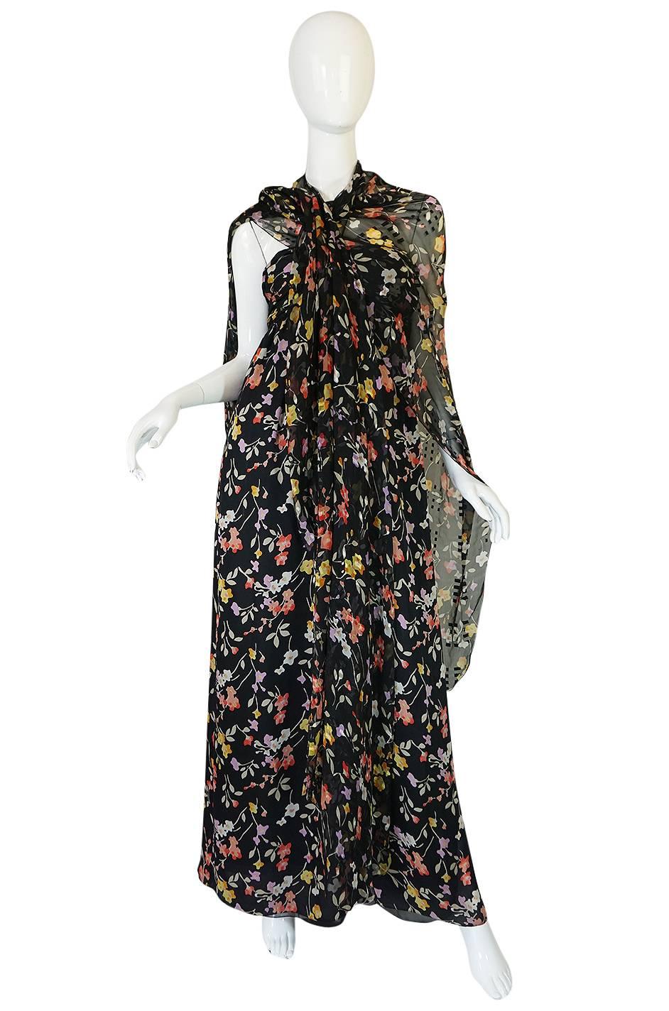 Black 1960s Oscar de la Renta Silk Chiffon Halter Dress & Cape