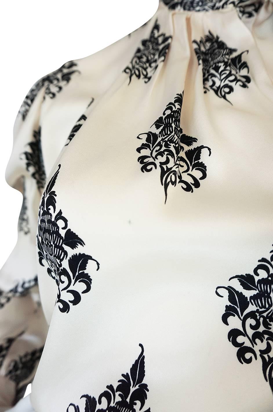 1970s Yves Saint Laurent Cream & Black Print Silk Top 1