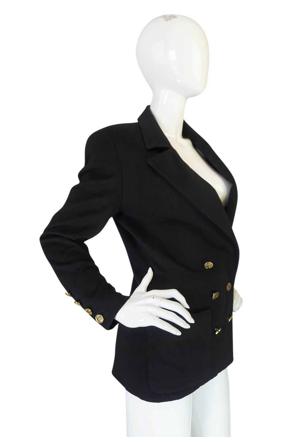 Black 1980s Chanel Cashmere w 14 Chanel Gold Buttons Jacket